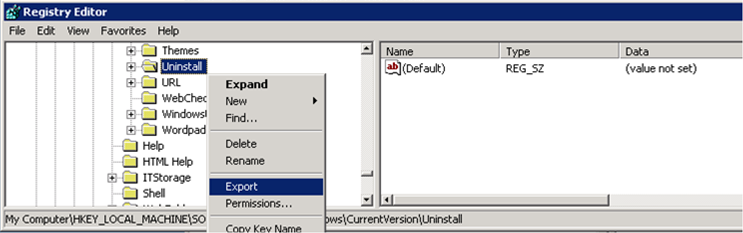 Registry Editor, exporting the Uninstall key.
