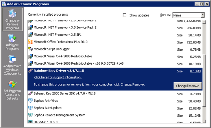 Add or Remove Programs window showing old token driver.