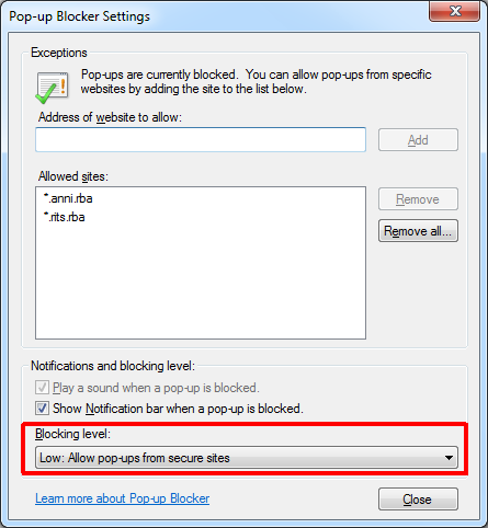 Pop-up Blocker Settings, with a low blocking level.