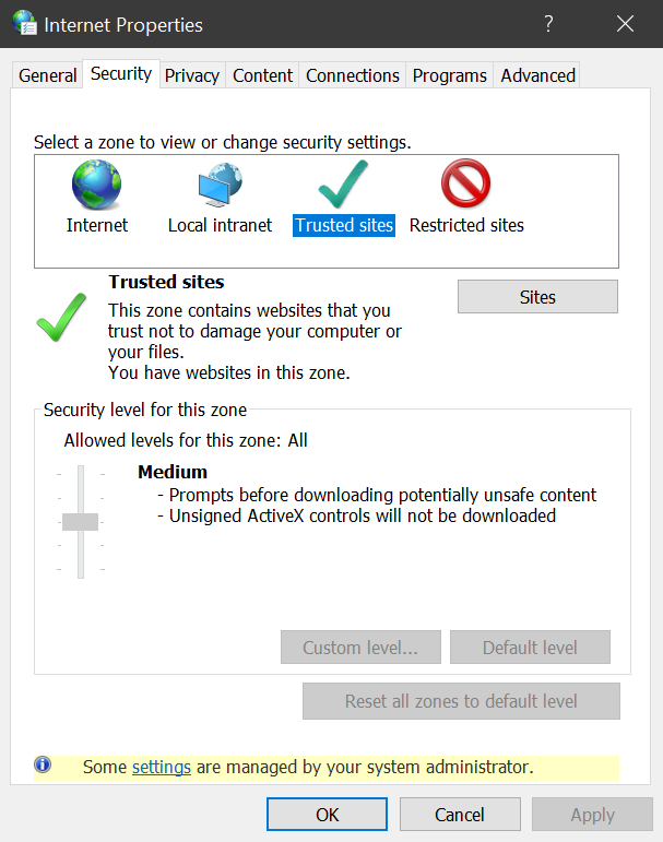 Windows Control Panel, Internet Options window, Security tab, Trusted Sites zone selected.