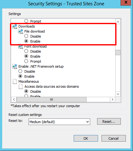 Security Settings for the Trusted Sites Zone, modified to show all of the required settings. (1/2)