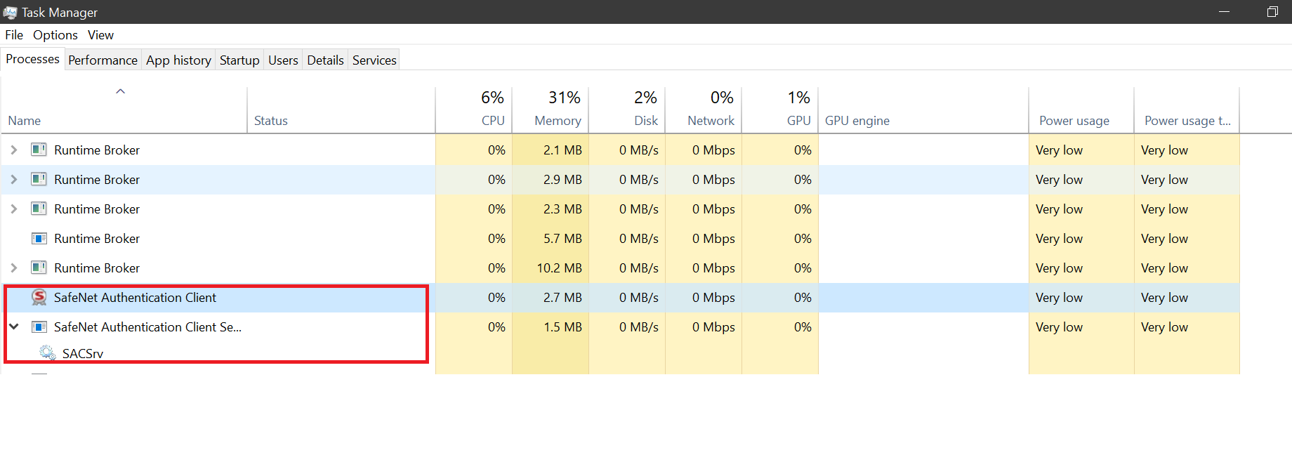 Windows Task Manager, Services tab, showing SACSrv service running.