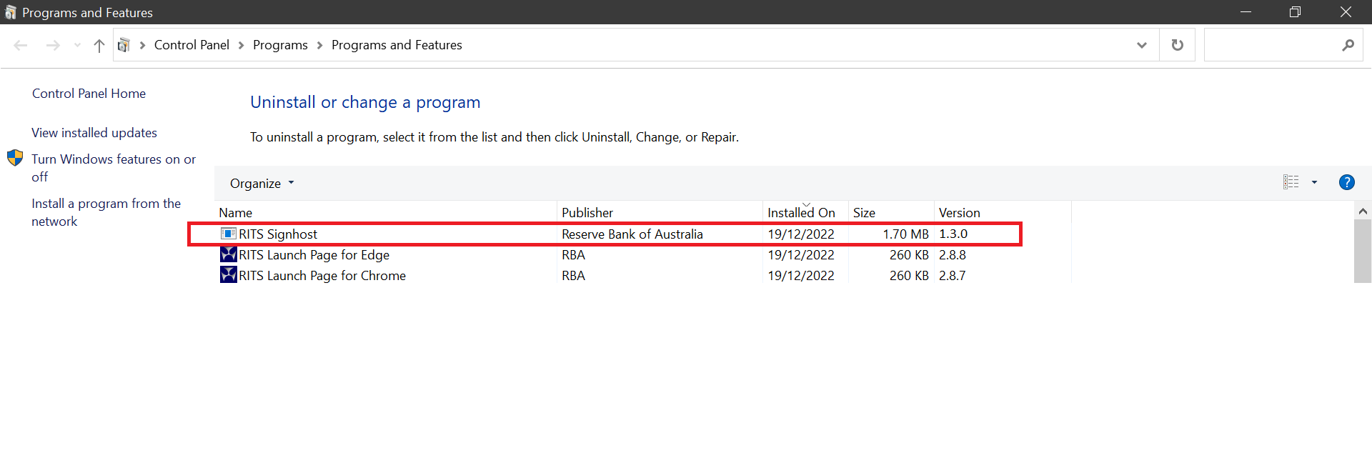 Programs and Features - Check if RITS Sign Host is installed